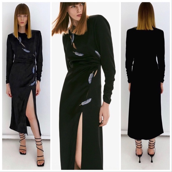 LAST NWT ZARA BLACK LEAF SATIN EFFECT DRESS - Picture 11 of 15